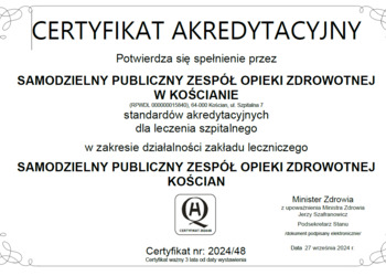 Certyfikat akredytacyjny w zakresie działalności standardów akredytacyjnych dla lecznictwa szpitalne