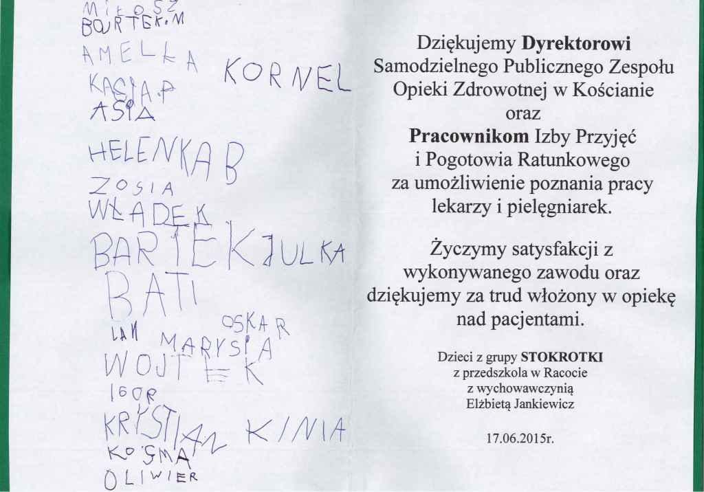 Podziękowanie dla dyrektora i pracowników za trud włożony w opiekę nad pacjentami