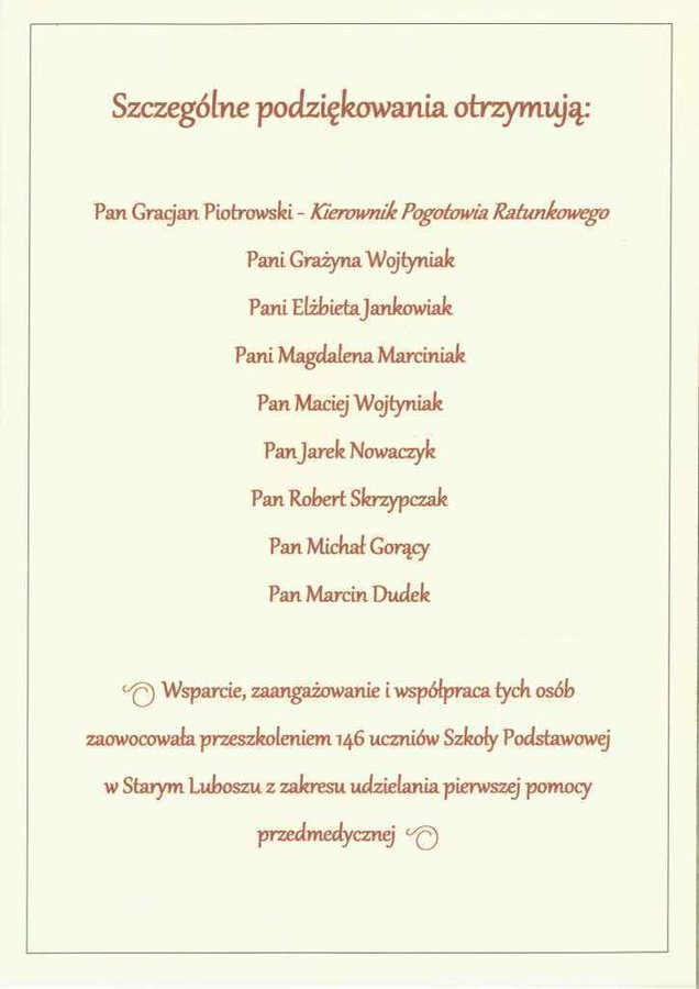 Podziękowanie dla pracowników pogotowia ratunkowego od uczniów szkoły w Starym Luboszu