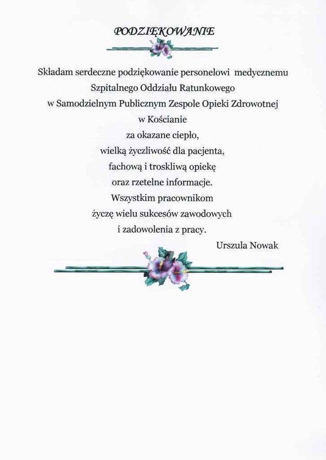 Podziękowanie dla pracowników SORu za troskliwą opiekę. 